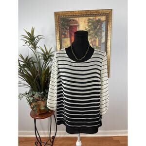 AB Studio Blouse Top Womens M Black White Striped Layered Hem Minimalist Modern